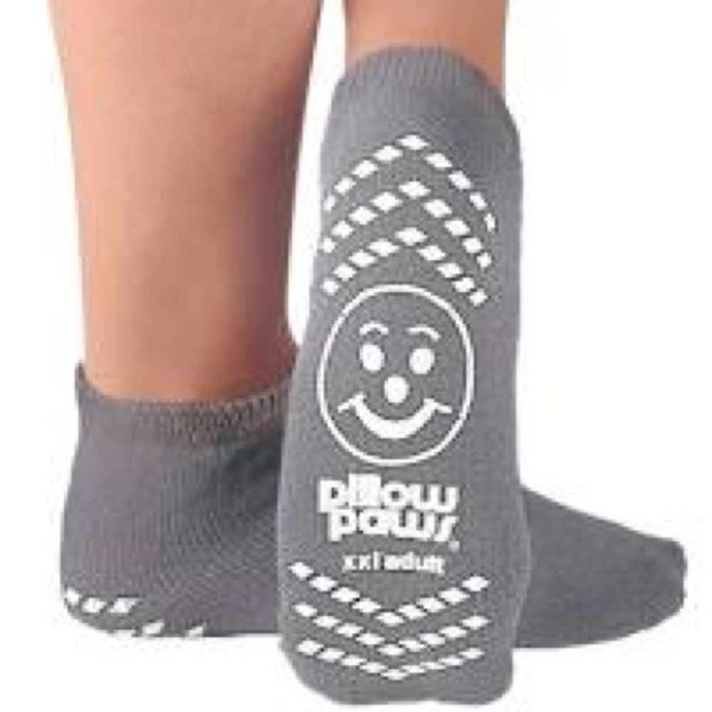 Gray terry non slip socks with grips on the bottom